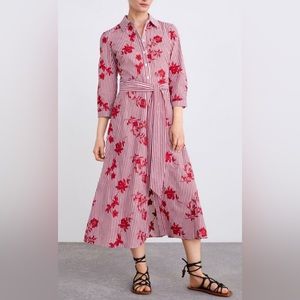 Zara red / white striped, embroidered A-line Midi dress / shirt dress, XL, NWT